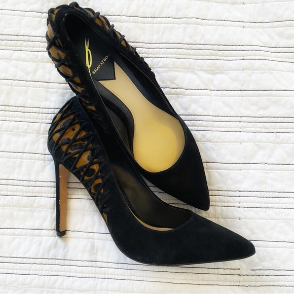 Brian Atwood Vero Cuoio Suede Black & Leopard Real Calf Hair Heels size 6.5 - Picture 2 of 8